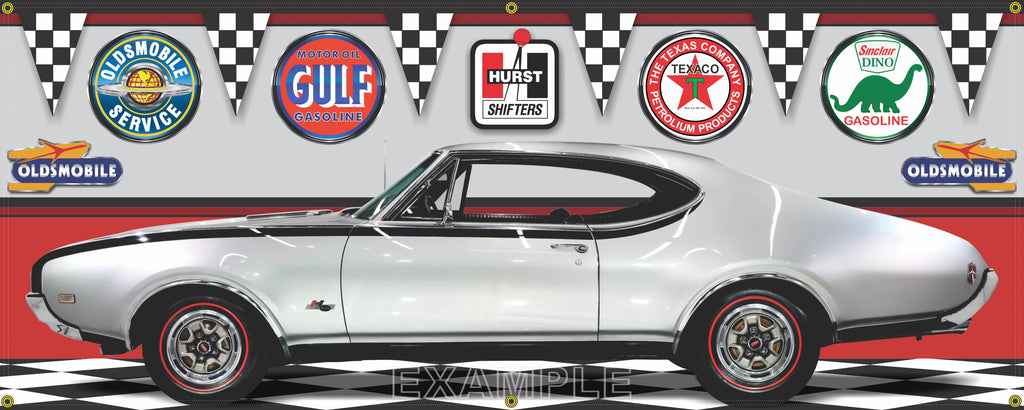1968 HURST OLDS CUTLASS OLDSMOBILE SILVER CAR GARAGE SCENE SIDE VIEW BANNER SIGN CAR ART MURAL VARIOUS SIZES