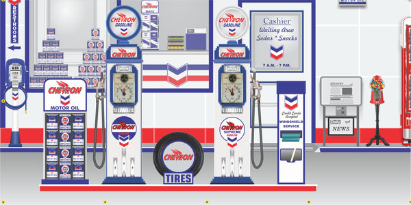CHEVRON RETRO OLD GAS PUMP GAS STATION SCENE WALL MURAL SIGN BANNER GARAGE ART VARIOUS SIZES