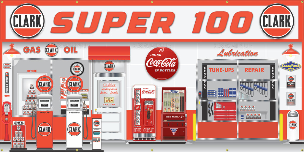 CLARK SUPER 100 OLD GAS PUMP GAS STATION SCENE WALL MURAL SIGN BANNER GARAGE ART VARIOUS SIZES