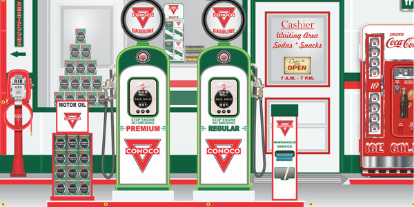 CONOCO OLD GAS PUMP GAS STATION DEALER SERVICE SCENE WALL MURAL SIGN BANNER GARAGE ART VARIOUS SIZES