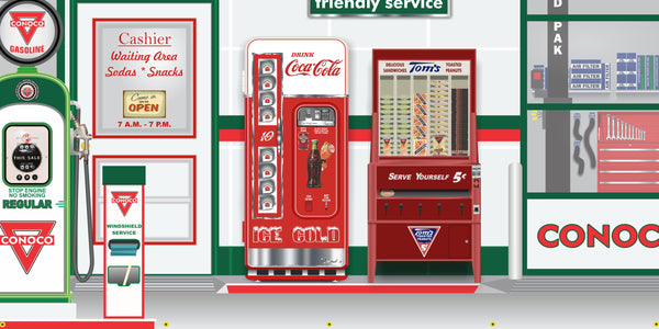 CONOCO OLD GAS PUMP GAS STATION DEALER SERVICE SCENE WALL MURAL SIGN BANNER GARAGE ART VARIOUS SIZES