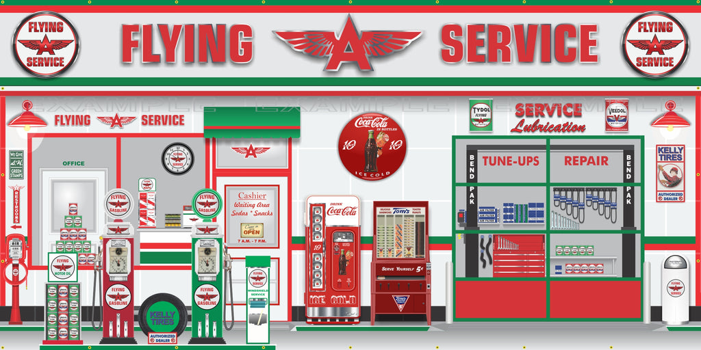 FLYING A SERVICE OLD GAS PUMP GAS STATION SCENE WALL MURAL SIGN BANNER GARAGE ART VARIOUS SIZES