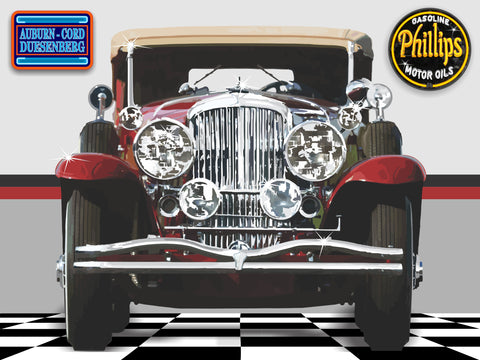 1936 DUESENBERG RED GARAGE SCENE ART MURAL Sign Printed Banner 4' x 3'