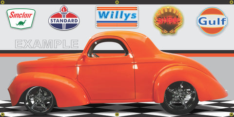 1941 WILLYS COUPE BRIGHT ORANGE HOT ROD GARAGE SCENE SIDE VIEW BANNER SIGN CAR ART MURAL VARIOUS SIZES