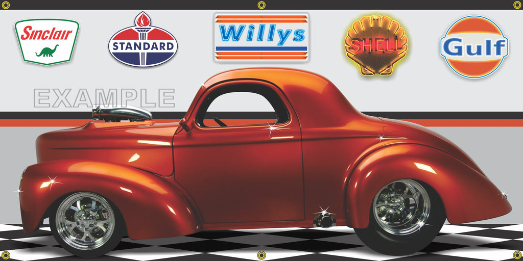1941 WILLYS COUPE BURNT ORANGE HOT ROD GARAGE SCENE SIDE VIEW BANNER SIGN CAR ART MURAL VARIOUS SIZES