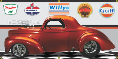 1941 WILLYS COUPE BURNT ORANGE HOT ROD GARAGE SCENE SIDE VIEW BANNER SIGN CAR ART MURAL VARIOUS SIZES