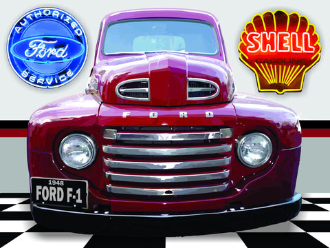 1948 FORD F1 TRUCK GARAGE SCENE Neon Effect Sign Printed Banner 4' x 3'