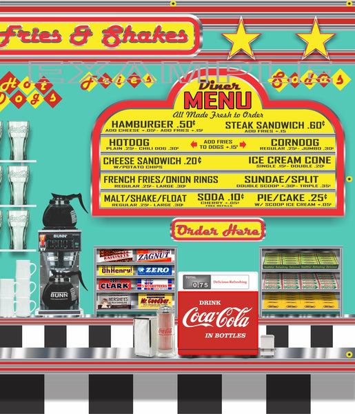1950s DINER BURGER RESTAURANT SODA FOUNTAIN MURAL SIGN BANNER GARAGE ART VARIOUS SIZES