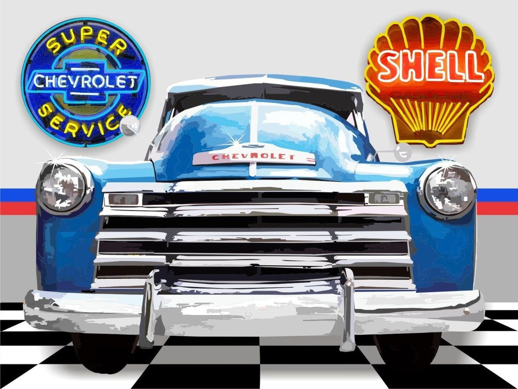 1952 CHEVY TRUCK GARAGE SCENE Neon Effect Sign Printed Banner 4' x 3'