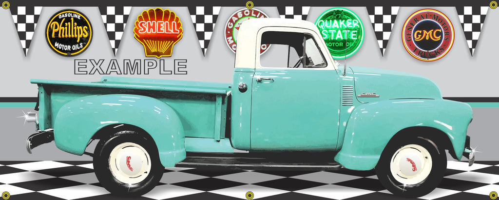 1952 GMC 100 TURQUOISE WHITE TRUCK STEPSIDE GARAGE SCENE SIDE VIEW BANNER SIGN ART MURAL VARIOUS SIZES