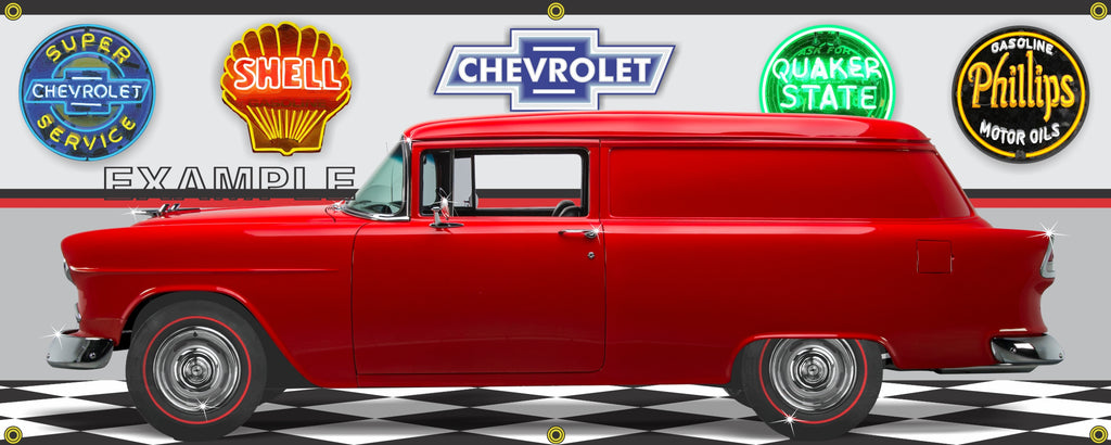 1955 CHEVROLET SEDAN DELIVERY RED CAR GARAGE SCENE SIDE VIEW BANNER SIGN ART MURAL VARIOUS SIZES