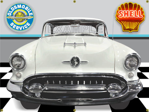 1955 OLDSMOBILE SUPER 88 POLAR WHITE CAR GARAGE SCENE FRONT VIEW 3' X 4' BANNER SIGN CAR ART MURAL