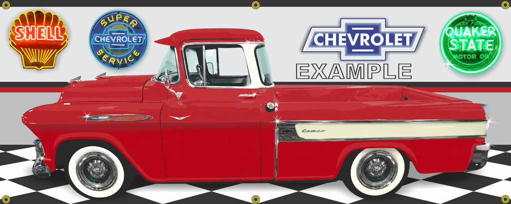 1957 CHEVROLET CAMEO TRUCK RED GARAGE SCENE SIDE VIEW BANNER SIGN ART MURAL VARIOUS SIZES