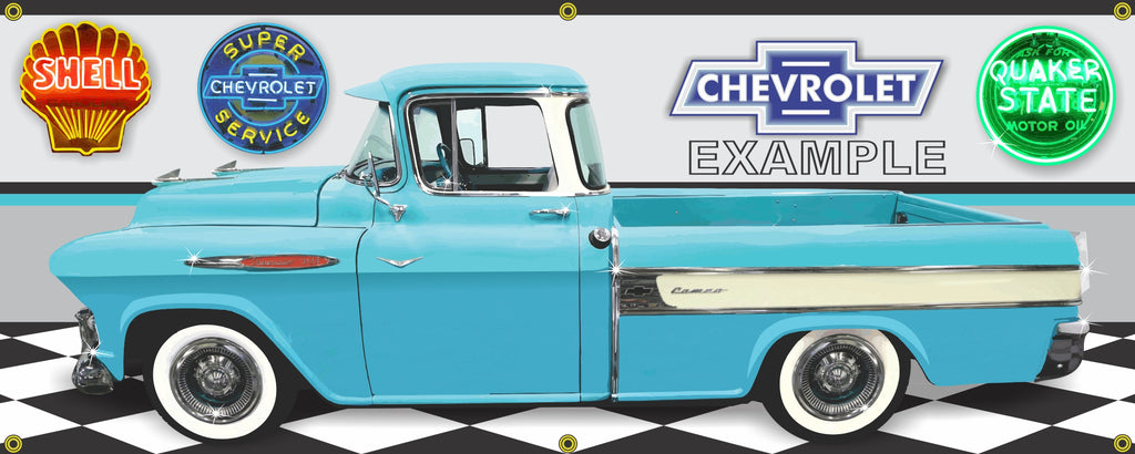1957 CHEVROLET CAMEO TRUCK TURQUOISE GARAGE SCENE SIDE VIEW BANNER SIGN ART MURAL VARIOUS SIZES