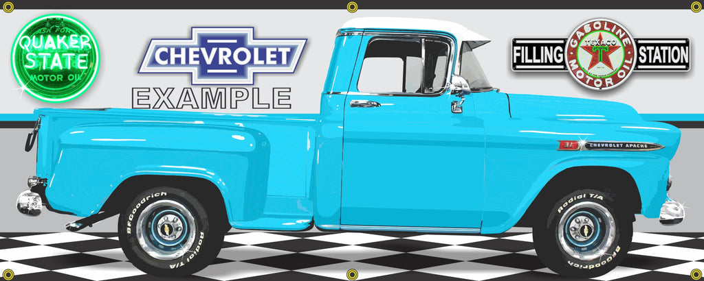 1959 CHEVROLET APACHE TRUCK LIGHT TURQUOISE BLUE GARAGE SCENE SIDE VIEW BANNER SIGN ART MURAL VARIOUS SIZES