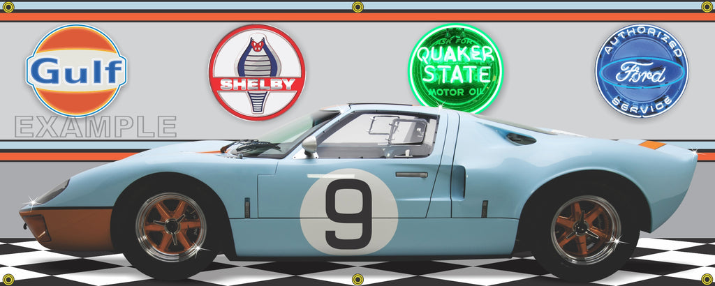 1966 FORD GT40 GULF BLUE ORANGE RACE CAR GARAGE SCENE SIDE VIEW BANNER SIGN CAR ART MURAL VARIOUS SIZES