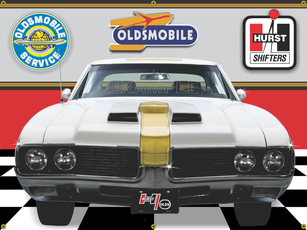 1969 OLDSMOBILE HURST OLDS 442 WHITE CAR GARAGE SCENE FRONT VIEW 3' X 4' BANNER SIGN CAR ART MURAL