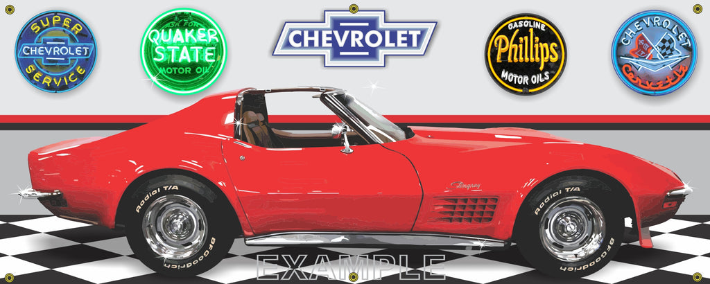 1972 CHEVROLET CORVETTE RED CAR GARAGE SCENE SIDE VIEW BANNER SIGN ART MURAL VARIOUS SIZES
