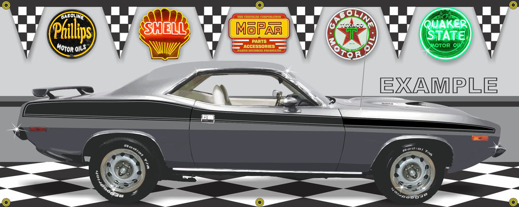 1973 PLYMOUTH CUDA MOPAR SILVER CAR GARAGE SCENE SIDE VIEW BANNER SIGN CAR ART MURAL VARIOUS SIZES