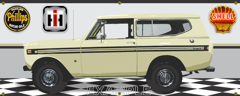 1974 INTERNATIONAL IH SCOUT II MAYAN MIST TAN GARAGE SCENE SIDE VIEW BANNER SIGN CAR ART MURAL VARIOUS SIZES