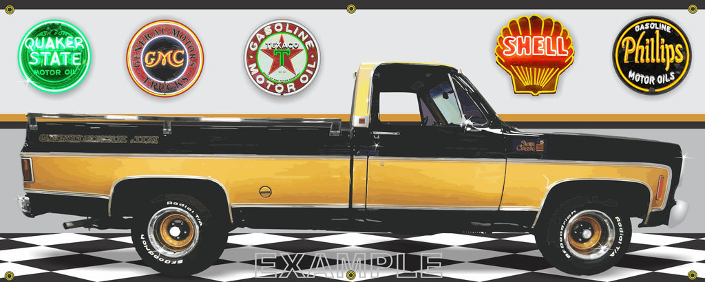 1975 GMC SIERRA CLASSIC 15 TRUCK GENTLEMAN JIM GARAGE SCENE SIDE VIEW BANNER SIGN ART MURAL VARIOUS SIZES