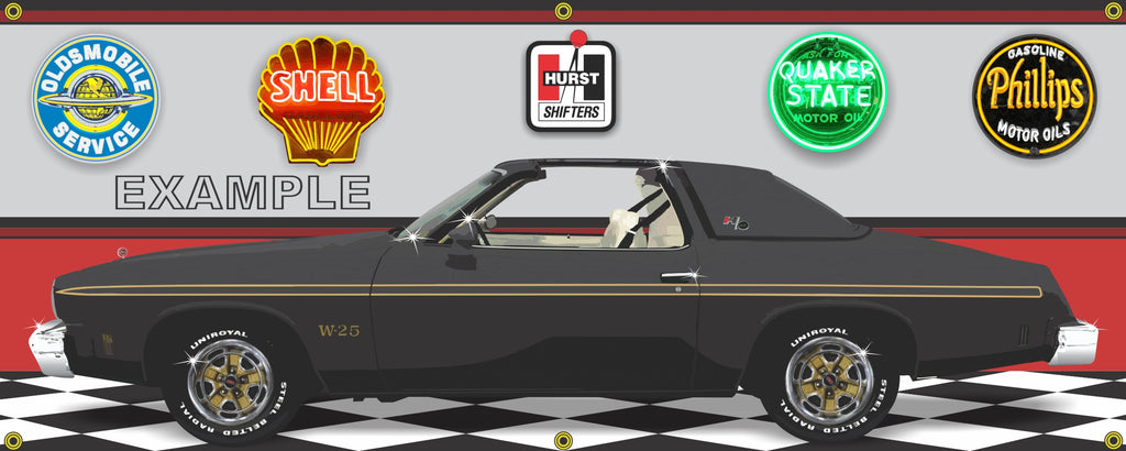 1975 OLDSMOBILE HURST OLDS CUTLASS BLACK CAR GARAGE SCENE SIDE VIEW 2' X 5' BANNER SIGN CAR ART MURAL