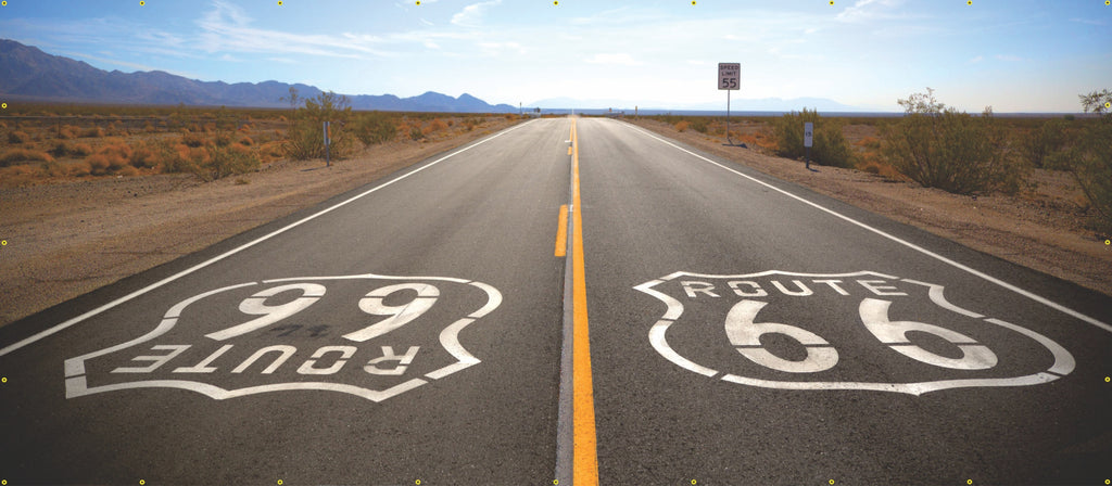 ROUTE 66 ROADWAY PANORAMA OUTDOOR MOUNTAIN SCENE WALL MURAL SIGN BANNER GARAGE ART 7' X 16'