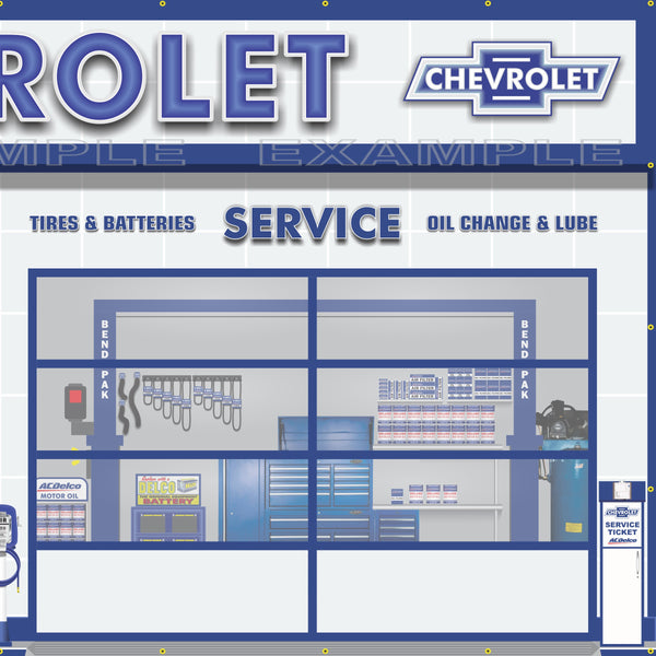 CHEVROLET AC DELCO SALES PARTS SERVICE DEALERSHIP RETRO SCENE WALL MURAL SIGN BANNER GARAGE ART VARIOUS SIZES