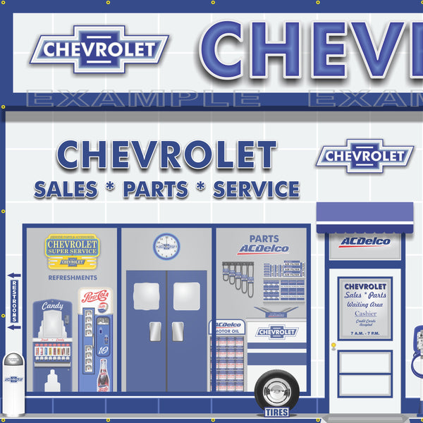 CHEVROLET AC DELCO SALES PARTS SERVICE DEALERSHIP RETRO SCENE WALL MURAL SIGN BANNER GARAGE ART VARIOUS SIZES