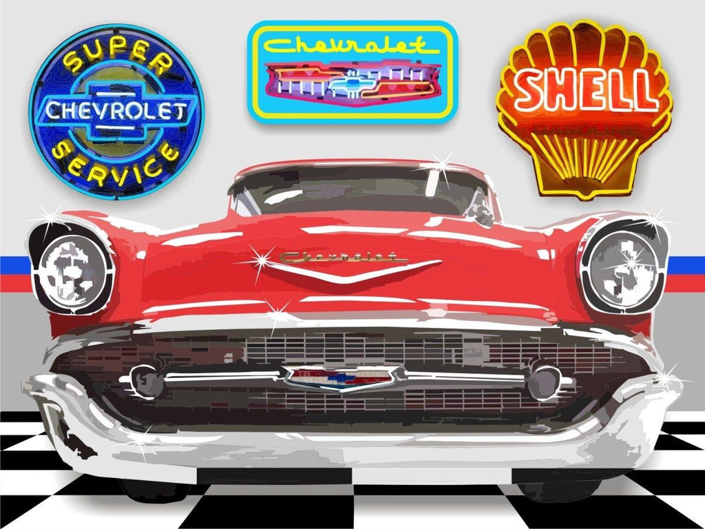 1957 CHEVROLET BEL-AIR GARAGE SCENE Neon Effect Sign Printed Banner 4' x 3'