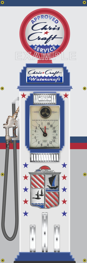 CHRIS CRAFT BOATS TOKHEIM OLD CLOCKFACE GAS PUMP BANNER SIGN ART MURAL DISPLAY 2' X 6'