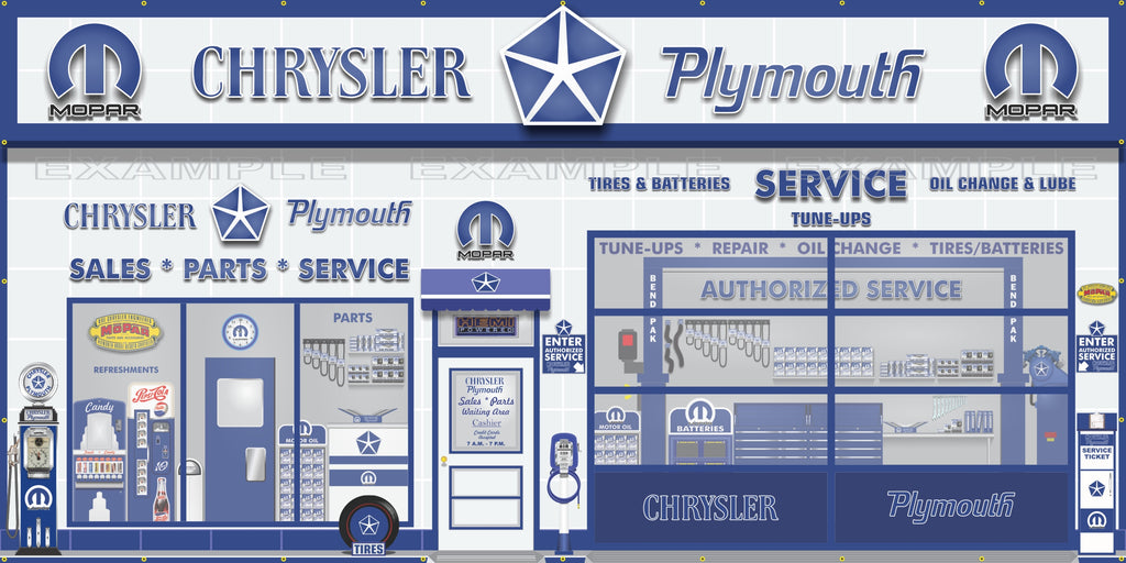 CHRYSLER PLYMOUTH MOPAR SALES PARTS SERVICE DEALERSHIP RETRO SCENE WALL MURAL SIGN BANNER GARAGE ART VARIOUS SIZES