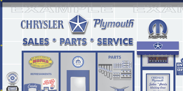 CHRYSLER PLYMOUTH MOPAR SALES PARTS SERVICE DEALERSHIP RETRO SCENE WALL MURAL SIGN BANNER GARAGE ART VARIOUS SIZES
