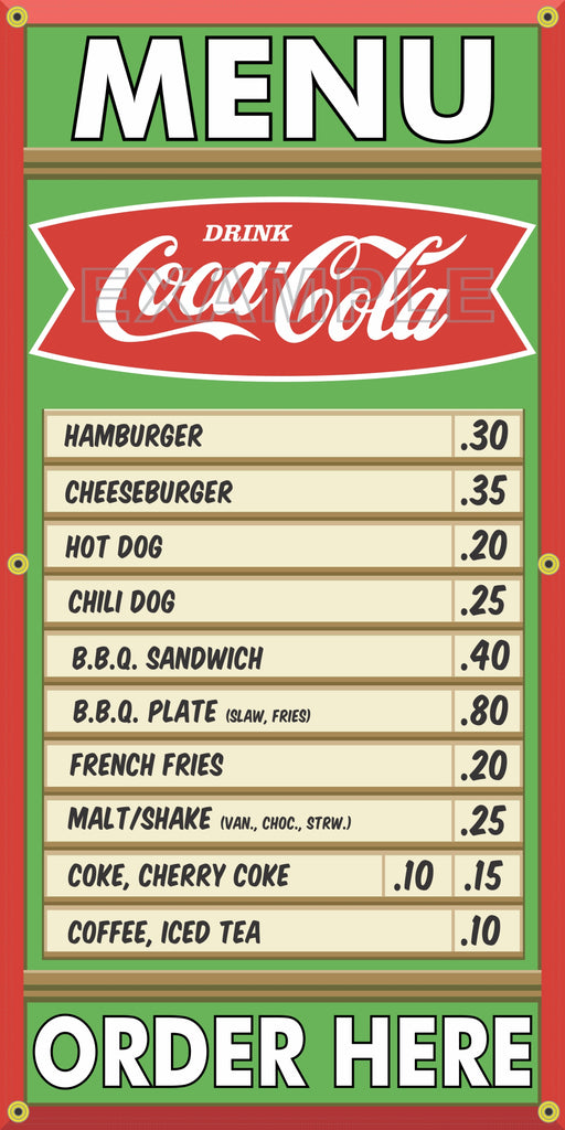 COCA COLA COKE FISHTAIL MENU BOARD DINER RESTAURANT VINTAGE OLD SCHOOL SIGN REMAKE BANNER SIGN ART MURAL 2' X 4'/3' X 6'