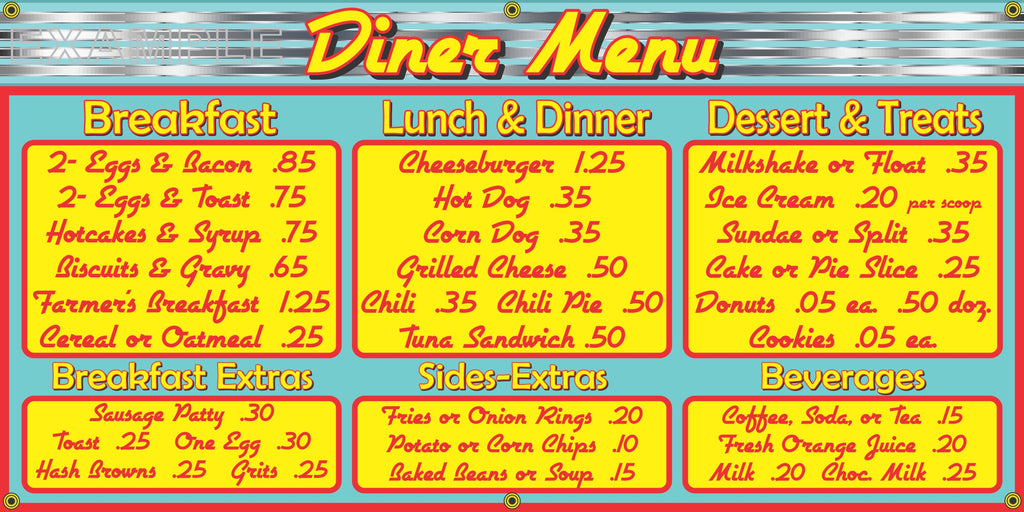 1950's MENU BOARD DINER RESTAURANT VINTAGE OLD SCHOOL SIGN REMAKE BANNER SIGN ART MURAL 2' X 4'/3' X 6'