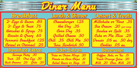 1950's MENU BOARD DINER RESTAURANT VINTAGE OLD SCHOOL SIGN REMAKE BANNER SIGN ART MURAL 2' X 4'/3' X 6'