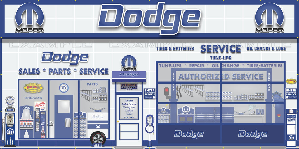 DODGE MOPAR SALES PARTS SERVICE DEALERSHIP RETRO SCENE WALL MURAL SIGN BANNER GARAGE ART VARIOUS SIZES