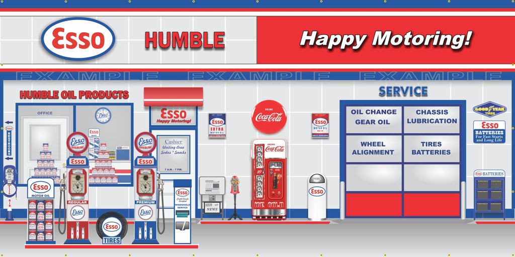 ESSO HUMBLE OIL RETRO OLD GAS PUMP GAS STATION SCENE WALL MURAL SIGN BANNER GARAGE ART VARIOUS SIZES