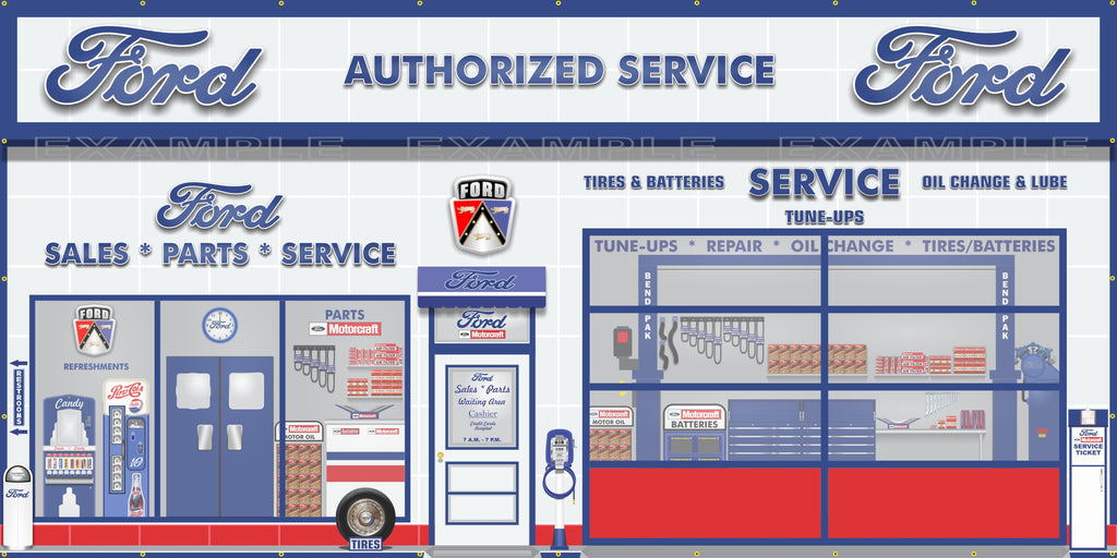 FORD MOTORCRAFT FOMOCO DEALER SALES PARTS SERVICE DEALERSHIP RETRO SCENE WALL MURAL SIGN BANNER GARAGE ART VARIOUS SIZES