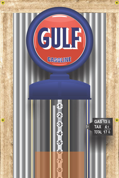 GULF GAS STATION OLD VISIBLE GAS PUMP RUSTIC PRINTED BANNER MURAL ART 2' x 8'