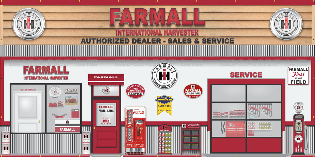 FARMALL TRACTOR IH INTERNATIONAL HARVESTER SALES PARTS SERVICE DEALERSHIP RETRO SCENE WALL MURAL SIGN BANNER GARAGE ART VARIOUS SIZES