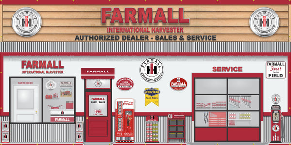 FARMALL TRACTOR IH INTERNATIONAL HARVESTER SALES PARTS SERVICE DEALERSHIP RETRO SCENE WALL MURAL SIGN BANNER GARAGE ART VARIOUS SIZES