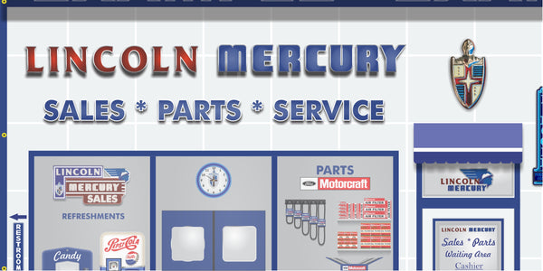 LINCOLN MERCURY MOTORCRAFT FOMOCO DEALER SALES PARTS SERVICE DEALERSHIP RETRO SCENE WALL MURAL SIGN BANNER GARAGE ART VARIOUS SIZES