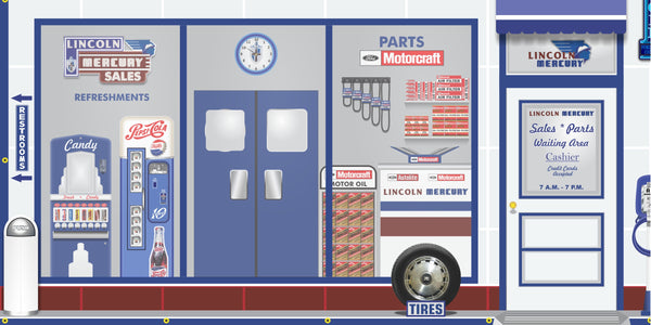 LINCOLN MERCURY MOTORCRAFT FOMOCO DEALER SALES PARTS SERVICE DEALERSHIP RETRO SCENE WALL MURAL SIGN BANNER GARAGE ART VARIOUS SIZES