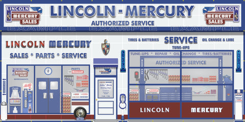 LINCOLN MERCURY MOTORCRAFT FOMOCO DEALER SALES PARTS SERVICE DEALERSHIP RETRO SCENE WALL MURAL SIGN BANNER GARAGE ART VARIOUS SIZES