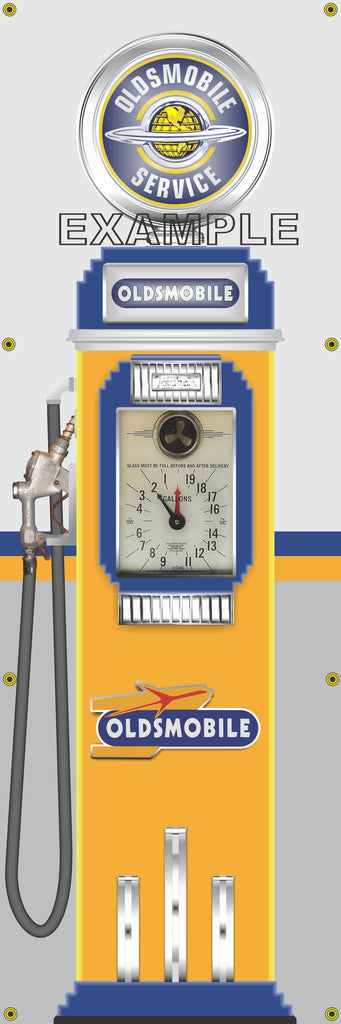 OLDSMOBILE MOTOR CARS GASOLINE OLD CLOCK FACE GAS PUMP Sign Printed Banner VERTICAL 2' x 6'