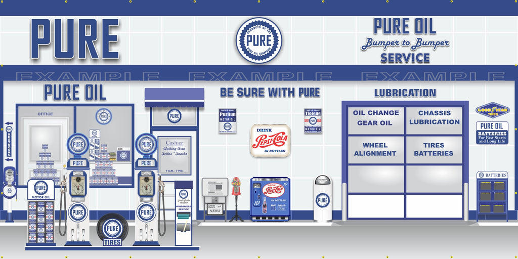 PURE OIL OLD GAS PUMP GAS STATION SCENE WALL MURAL SIGN BANNER GARAGE ART VARIOUS SIZES