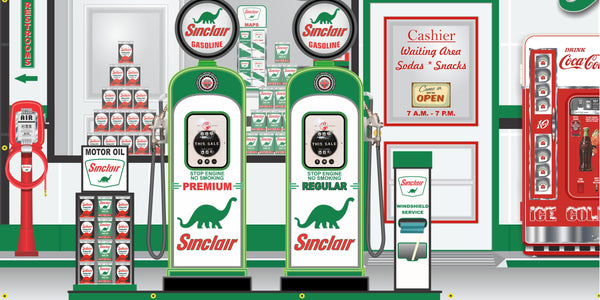SINCLAIR DINO OLD GAS PUMP GAS STATION SCENE WALL MURAL SIGN BANNER GARAGE ART VARIOUS SIZES