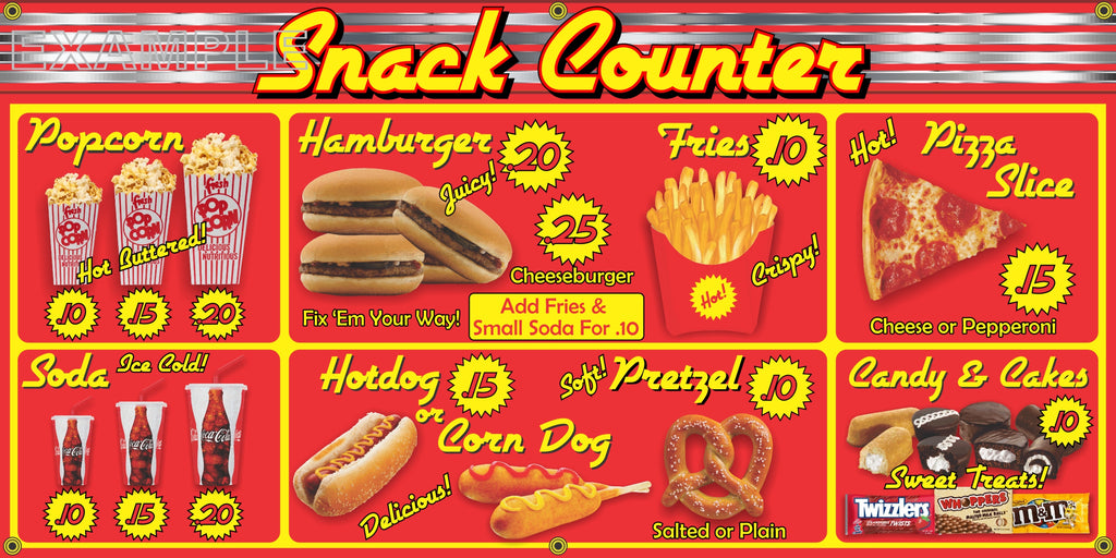 SNACK BAR COUNTER MENU BOARD DRIVE-IN DINER HAMBURGER RESTAURANT VINTAGE OLD SCHOOL SIGN REMAKE BANNER SIGN ART MURAL 2' X 4'/3' X 6'