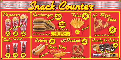 SNACK BAR COUNTER MENU BOARD DRIVE-IN DINER HAMBURGER RESTAURANT VINTAGE OLD SCHOOL SIGN REMAKE BANNER SIGN ART MURAL 2' X 4'/3' X 6'